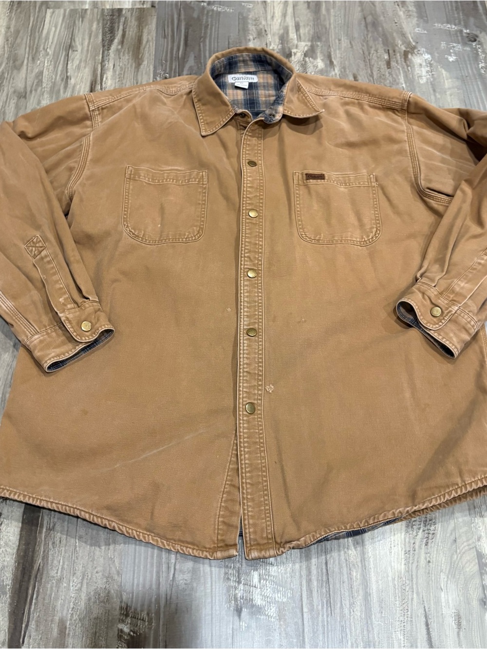 Vtg Carhartt Canvas Shirt Jacket Mens Lg Khaki Brown Snap Button Flannel Lined